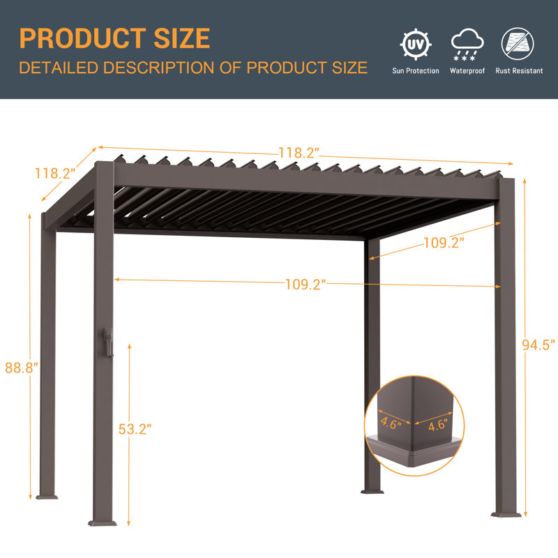 Pergola à persiennes en aluminium avec auvent, 10 pi. x 10 pi