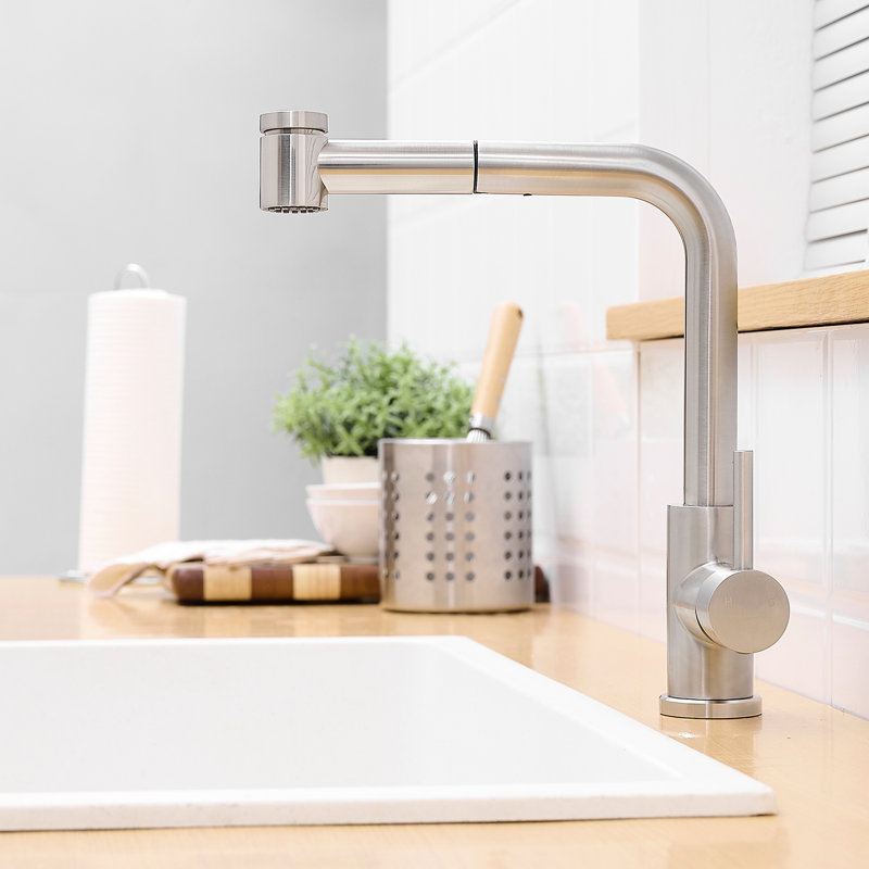 Robinet de cuisine noir avec bec rétractable, aspect moderne, acier inoxydable, douchette en céramique, rotation sur 360 °, fabrication en acier, remplissage