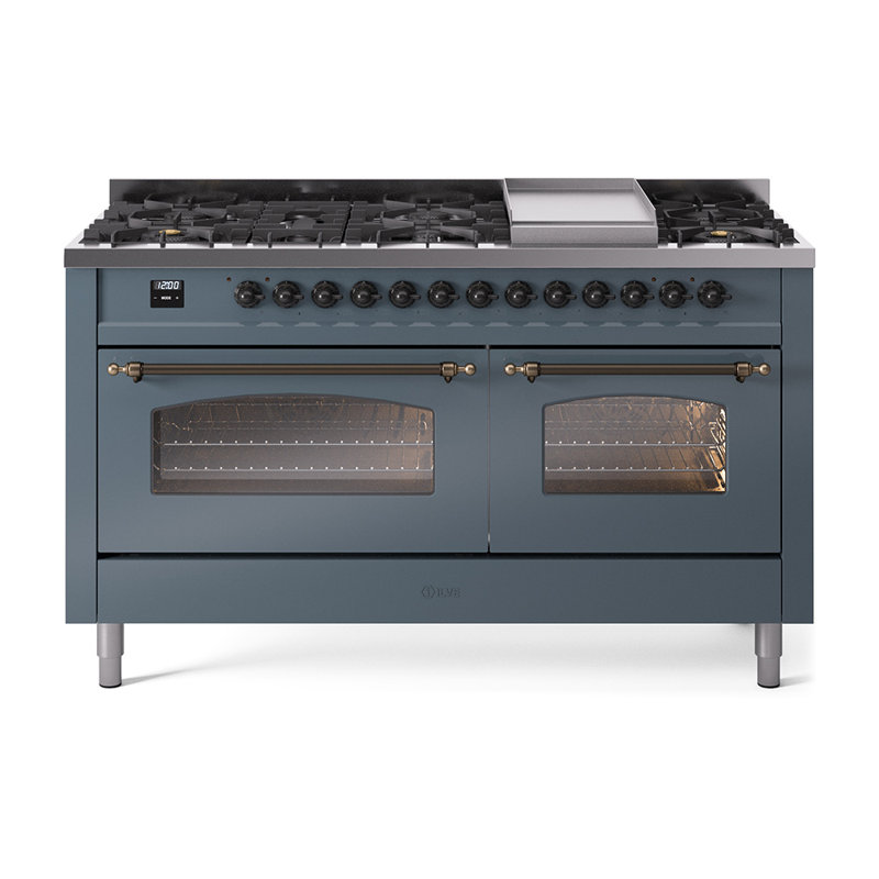 ILVE Nostalgie II 60 Dual Fuel Range, 9 Burners, Griddle, Blue/Gray/Bronze, Natural Gas