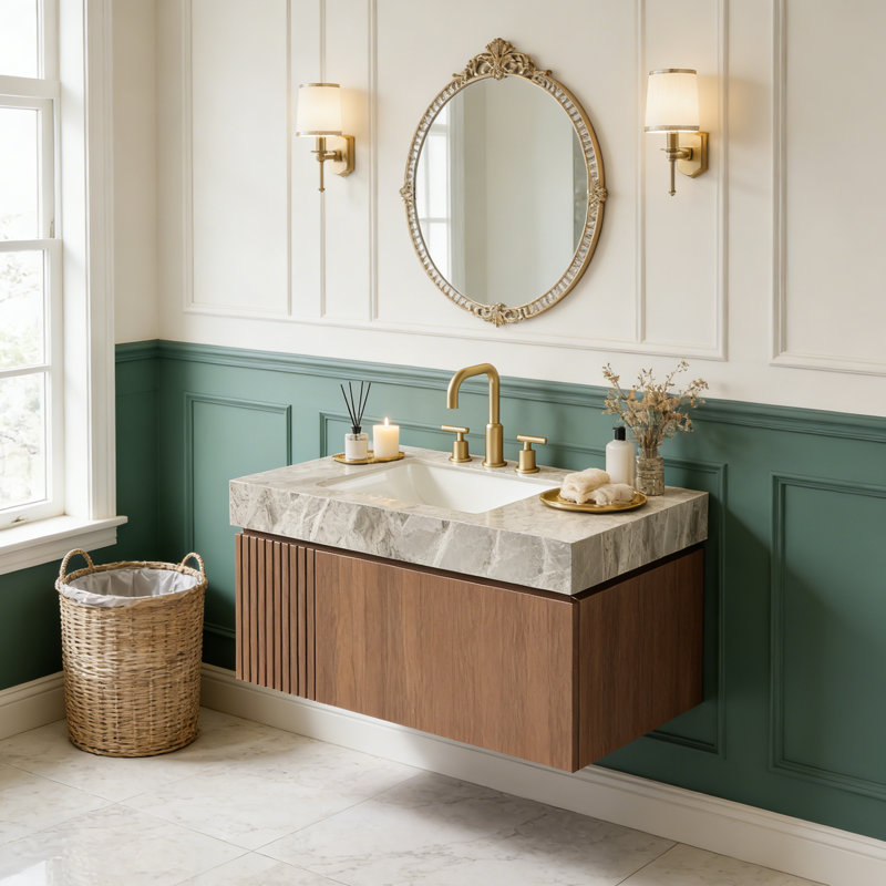 Meuble-lavabo de salle de bain, armoire de rangement en contreplaqué flottant avec tiroir et porte, plateau en pierre frittée gris clair et lavabo en céramique