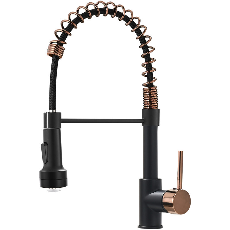 Robinet d'évier de cuisine commercial avec levier rétractable, levier unique, design noir et or rose, fonction à DEL, style contemporain, matériau principal en laiton, bec arqué rotatif à 360 degrés, finition empreinte digitale