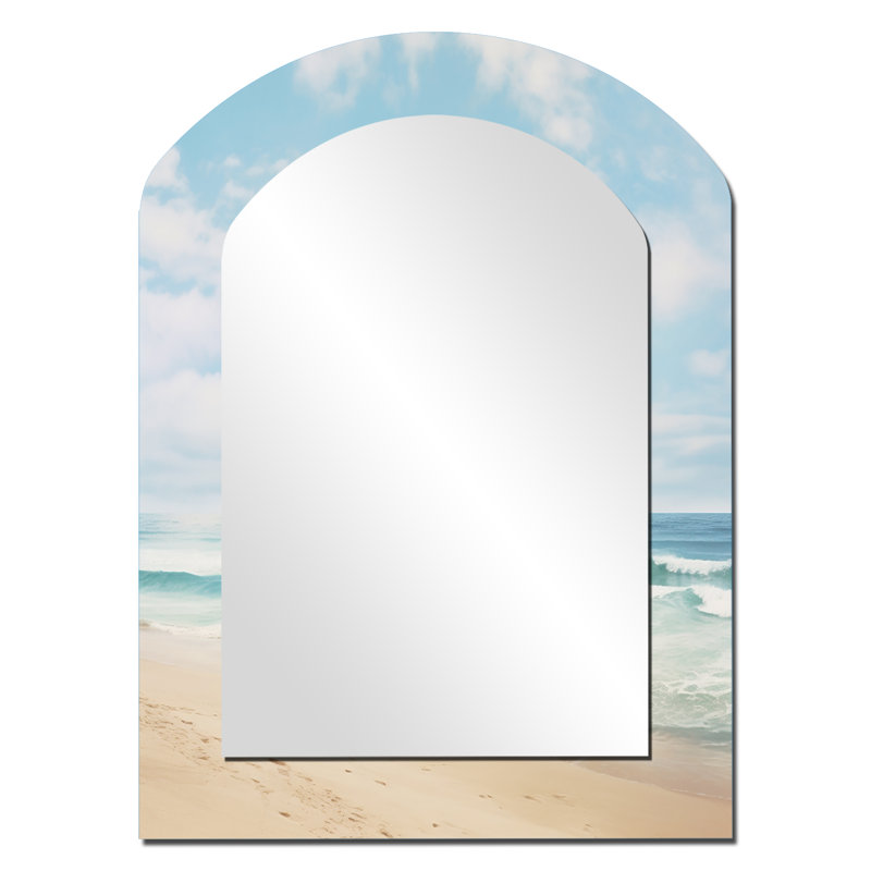 «Beach Photo Coastal Tranquility III», décoration murale unique en forme d'arche de plage, grand miroir asymétrique beige, impression d'art en métal
