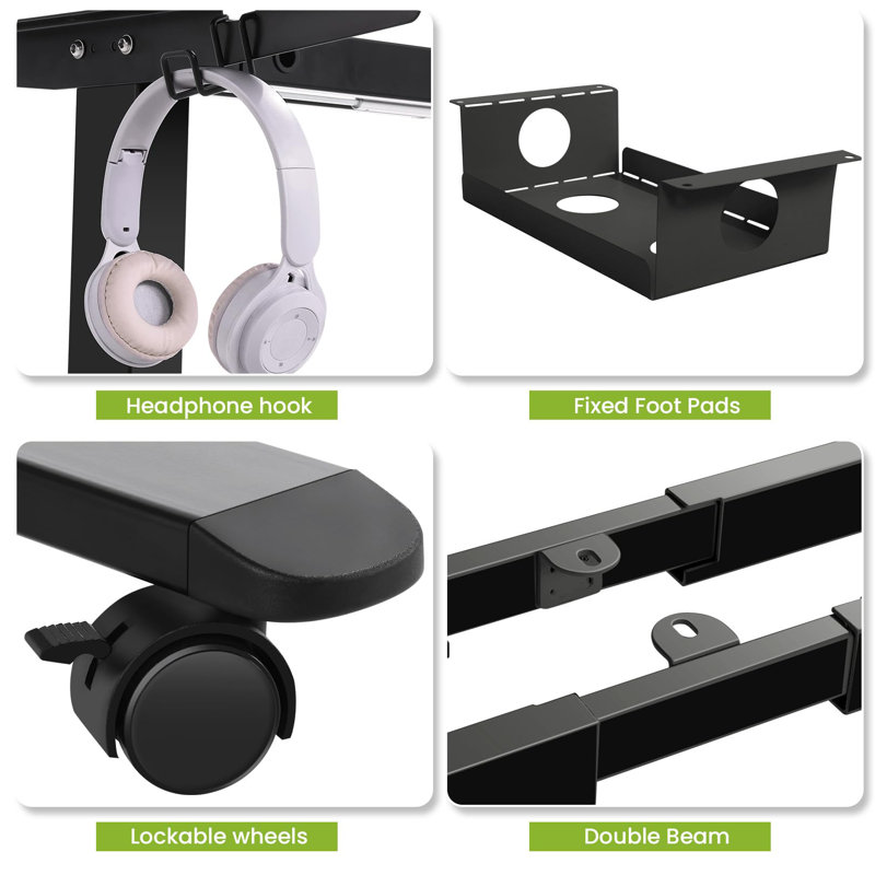 Dual  Motor Electric Standing Desk Frame With Cable Management Tray, Casters And Hooks, Black