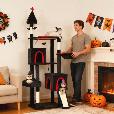 Arbre à chat de 78 po de style gothique, tour à chat avec lit en cercueil, 2 condos spacieux, poteaux à griffes en sisal, boules suspendues à la chauve-souris, Halloween