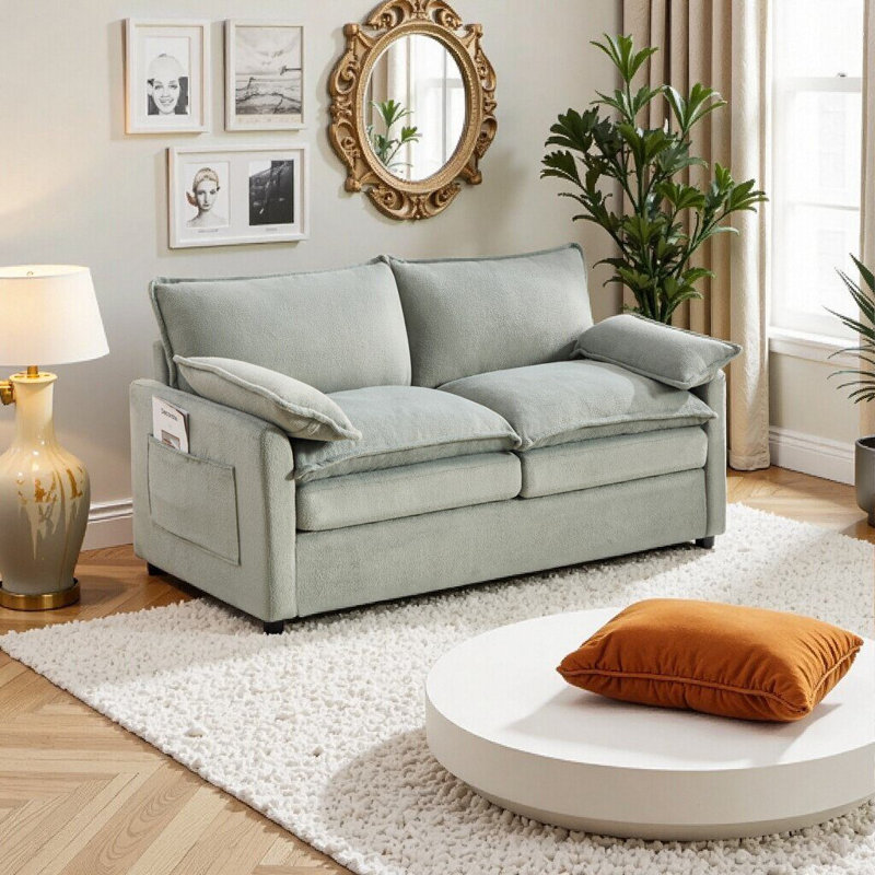 Causeuse confortable et élégante en fausse fourrure verte - 2 places avec poches de rangement et coussins lombaires, parfaite pour les petits espaces