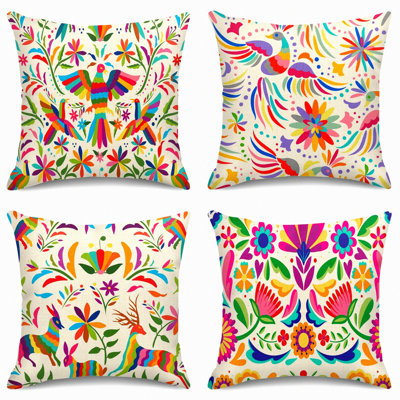 Colorful Birds & Flowers Decorative Pillow Covers Set - Ethnic Mexican Home Decor Cushion Cases for Couch Sofa -Square Pillowcases