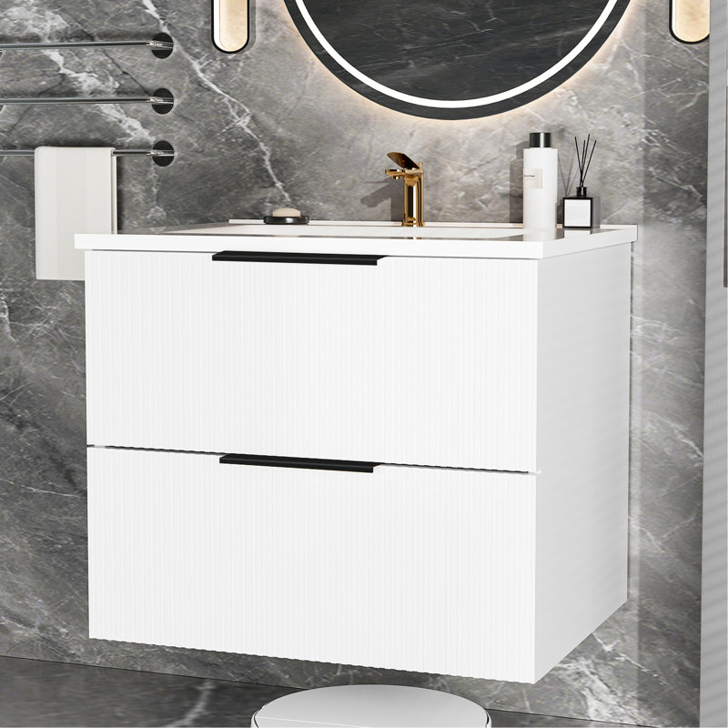 Meuble-lavabo mural blanc 24 po avec évier en céramique et tiroirs, premier tiroir en forme de U, deux grands rangements,