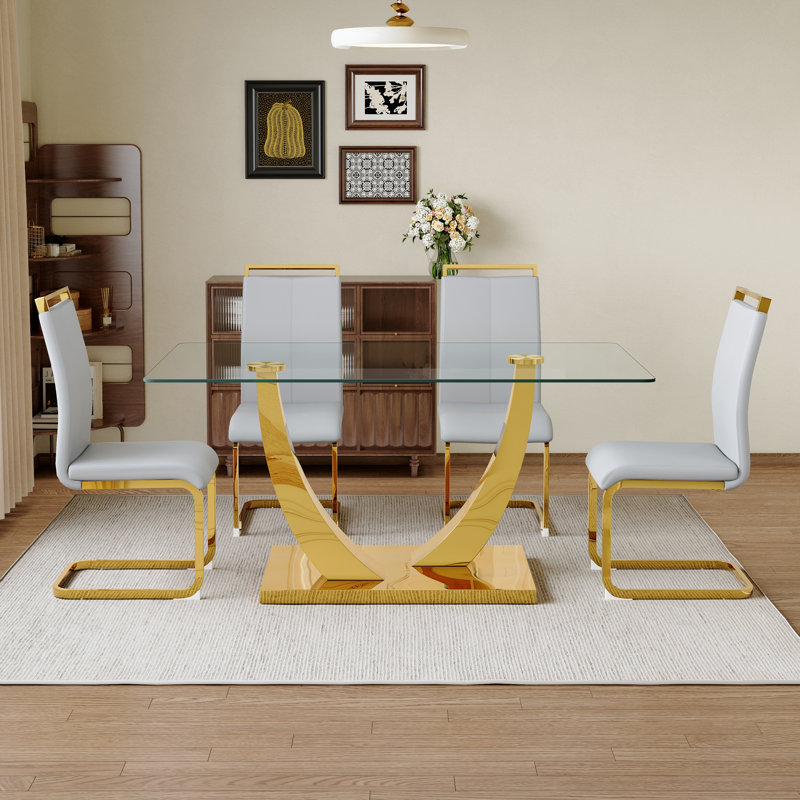 5-Piece Modern Glam 63" Tempered Glass Dining Set with Faux Leather Cantilever Chairs, 5 Pieces: Table, 4 Chairs, Light Gray