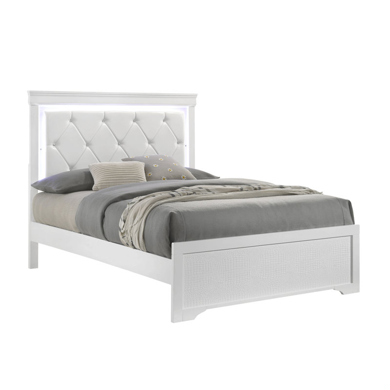 Grand lit rembourré Blaze de style moderne avec tête de lit à DEL et bois blanc