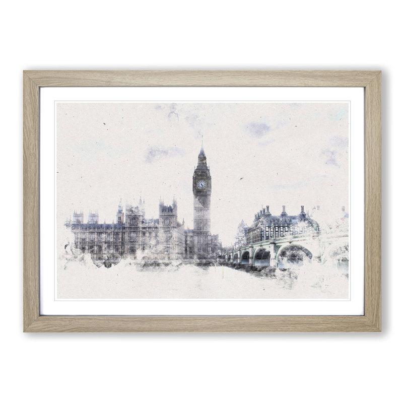 The Houses Of Parliament London Watercolour - Single Picture Frame Print on MDF, 40cm H x 60cm W x 2cm D, Oak Framed