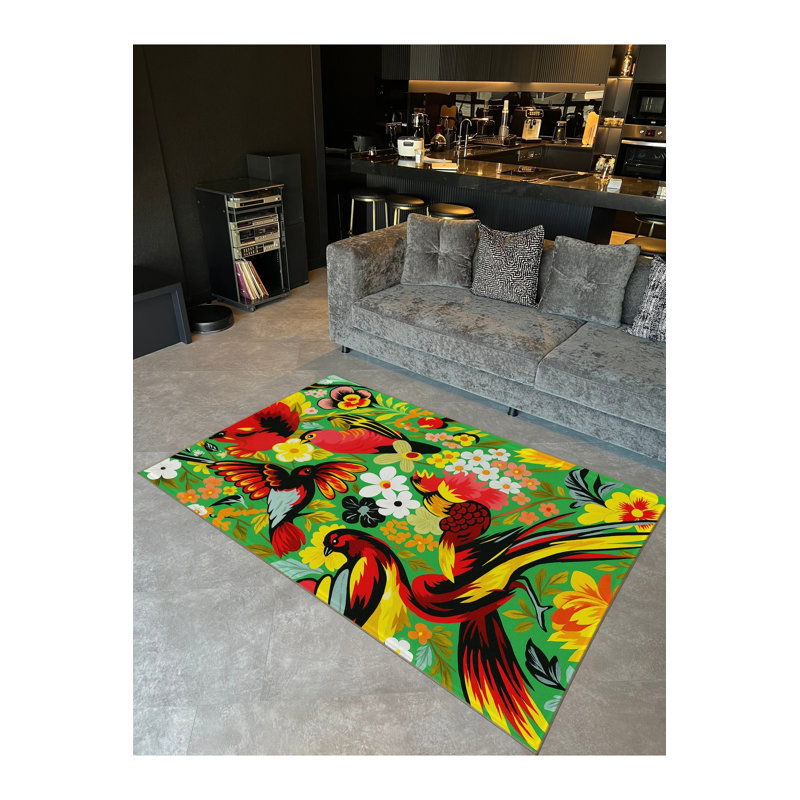 Tapis noir tissé à motif floral lavable Mosso, 4'11" x 7'7"
