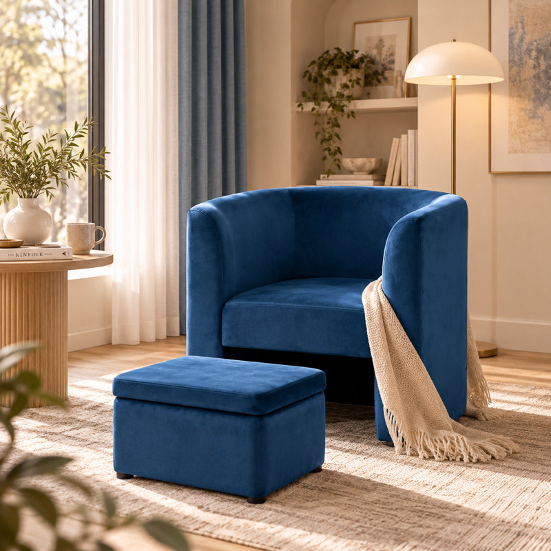 Fauteuil d'appoint rembourré en tonneau avec repose-pieds de rangement pour le salon / la chambre à coucher / le bureau, Bleu