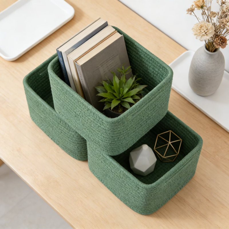 Cotton Rope Woven Storage Baskets, 3-Pack Cube Organizer Bins With Reinforced Handles For Shelves, Closets, And Home Organization