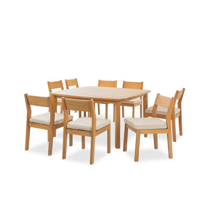Ensemble repas de patio en bois d'eucalyptus 9 pièces avec sièges rembourrés Rachel