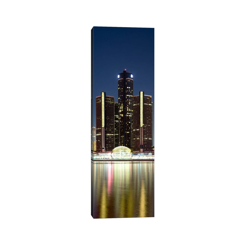 Skyscrapers Lit Up at Dusk, Renaissance Center, Detroit River, Detroit, Michigan, USA 1 Piece Wrapped Canvas Panoramic Wall Art