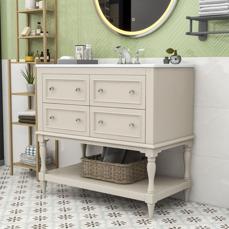 Ensemble de meuble-lavabo simple autoportant avec lavabo en céramique encastré Eftime Modern, Beige