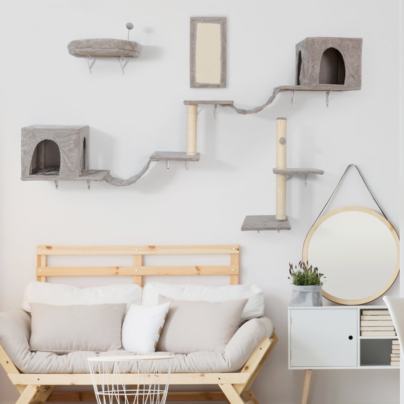 Wall-mounted Cat Tree with 2 Cat Condos House, Cat Perch and Scratching Posts