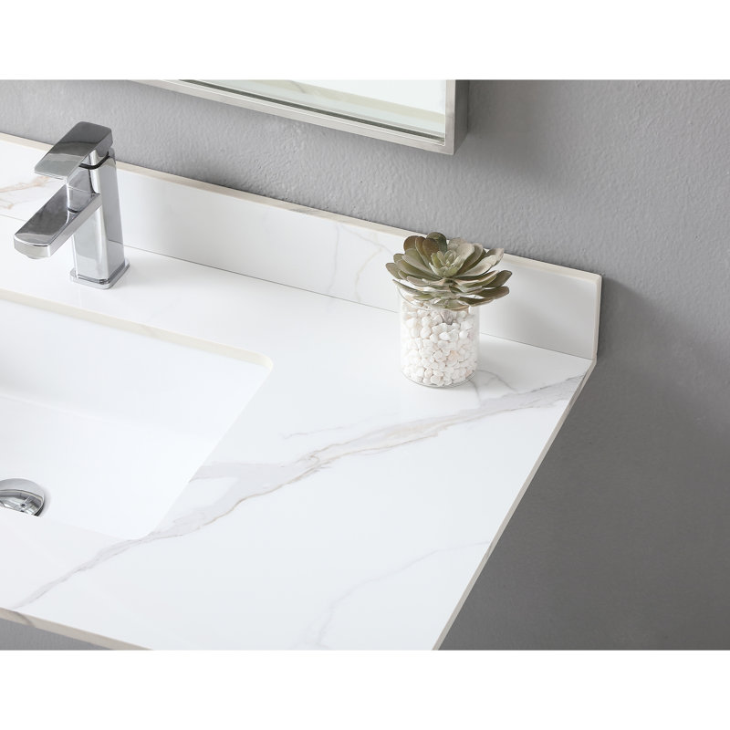 Plateau de meuble-lavabo 43 po x 22 po en pierre frittée avec lavabo en céramique et dosseret rectangulaire à structure stable