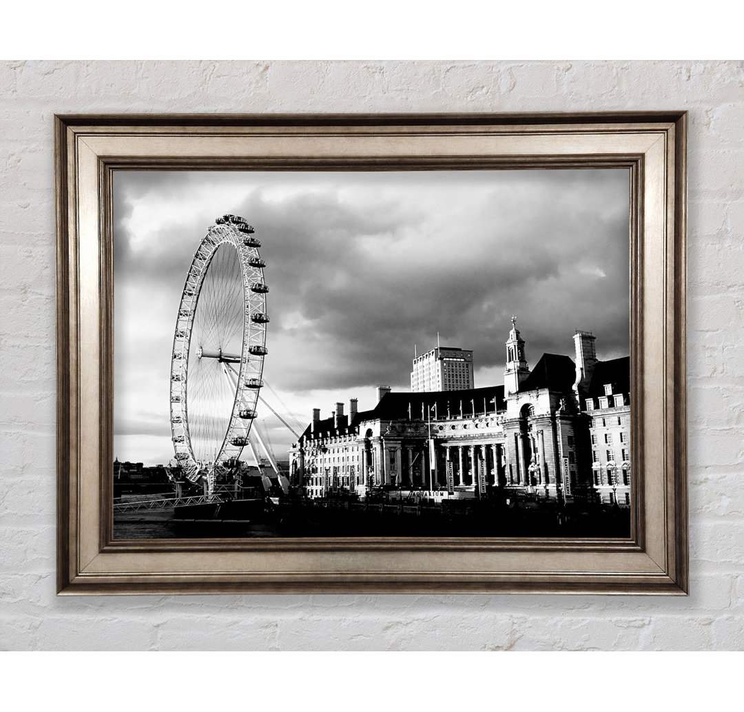 Gerahmtes Leinwandbild London Eye Clouds in Schwarz/Weiß