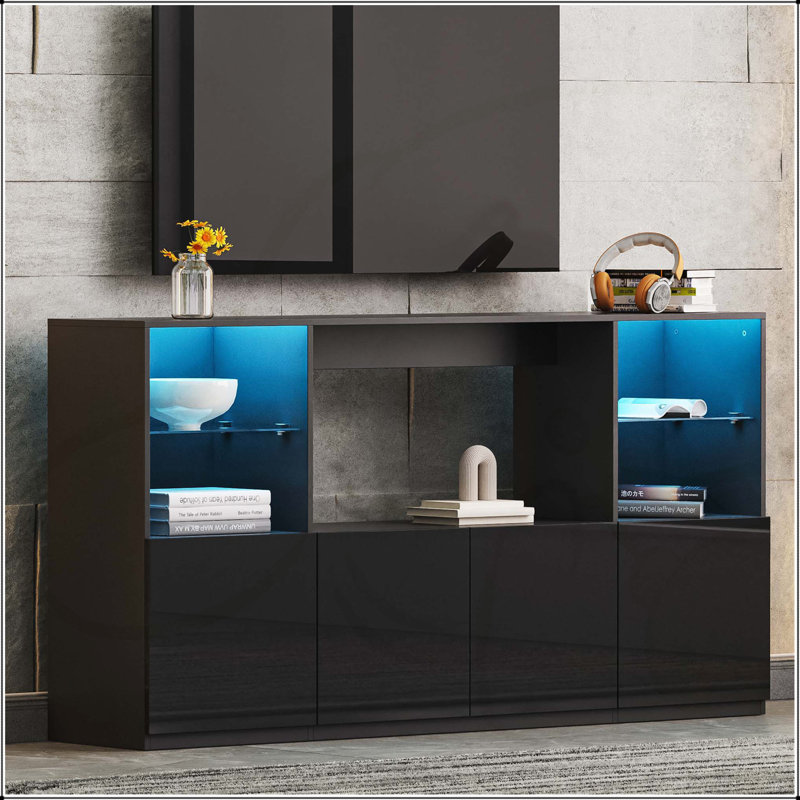 Meuble télé ultrabrillant avec lumières DEL, Noir