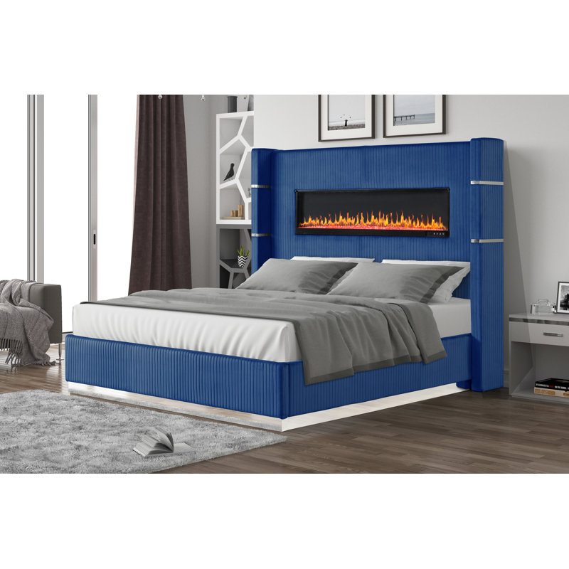 Lit standard tapissier Ashray, Très grand lit, Bleu
