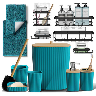 Ensemble complet d'accessoires de salle de bain 13 pièces avec accents en bambou, poubelle, brosse de toilette, 2 tapis de bain et 5 paniers de douche inclus