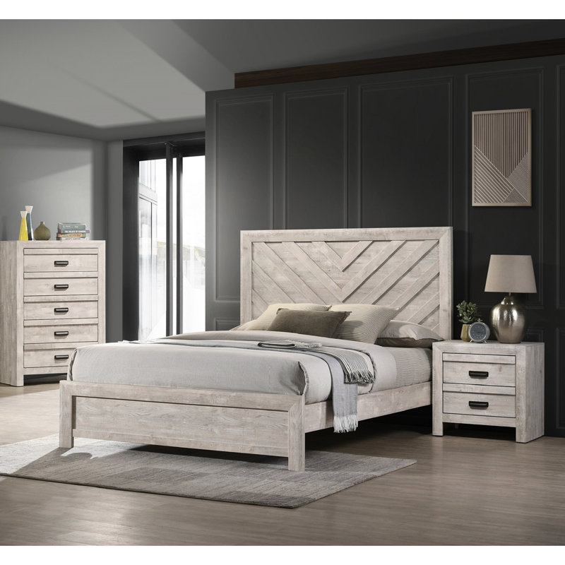 Grand lit rustique gris beige, motif de tête de lit géométrique, mobilier de chambre en bois massif, taille avec tête de lit