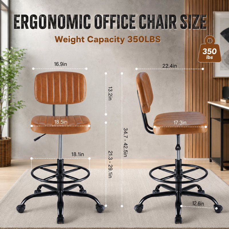 Brown Low-Back Drafting Stool with Adjustable Footrest Ring, Ergonomic PU Leather, Swivel Rolling for Studio, Lab, or Counter Use