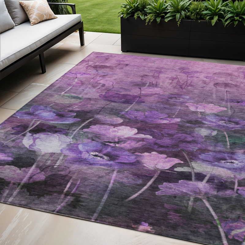 Tapis d'intérieur lavable floral aubergine 5 pi x 8 pi mauve