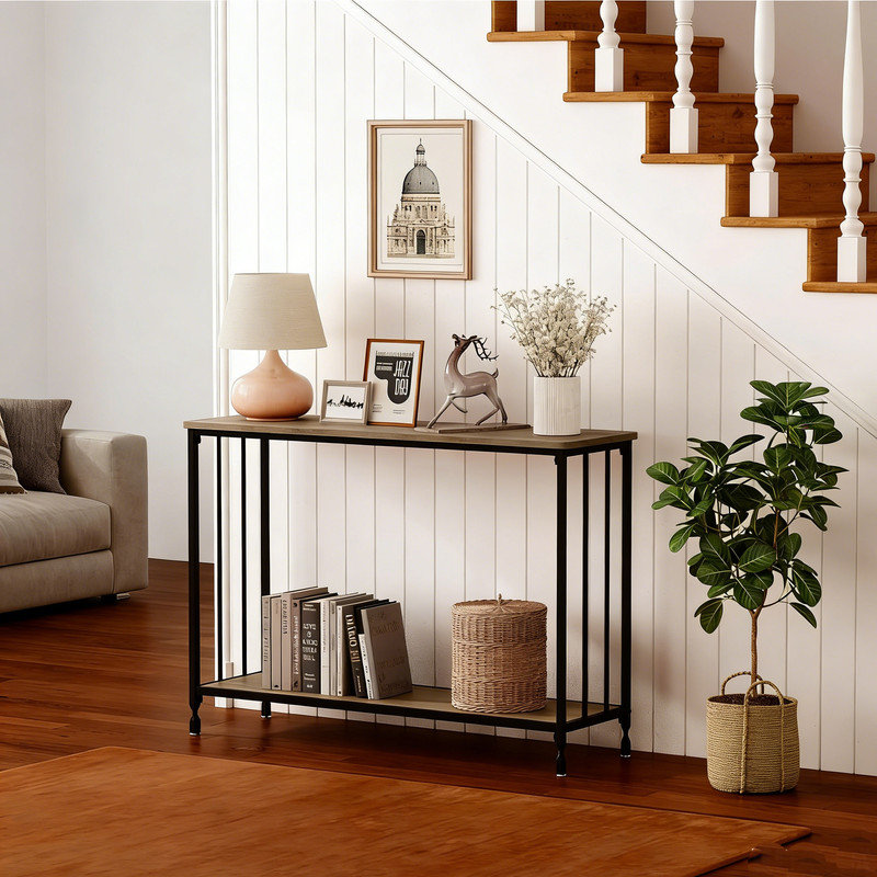 Console Table, Sofa Tables Narrow Entryway Table with Glass Shelf and Metal Frame, Gray