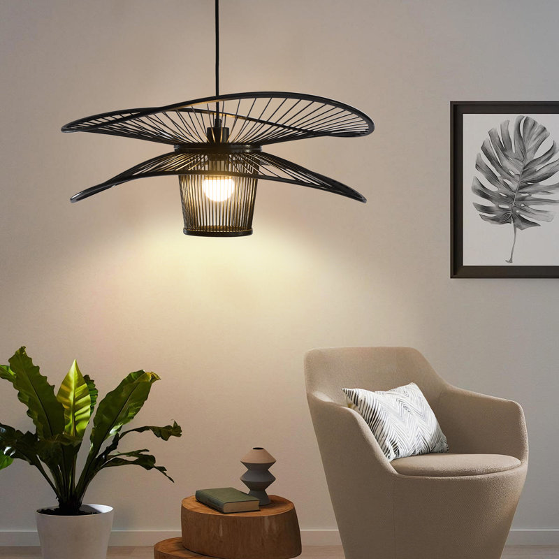 Luminaire suspendu en bambou tissé à la main en forme d'aile, Noir mat