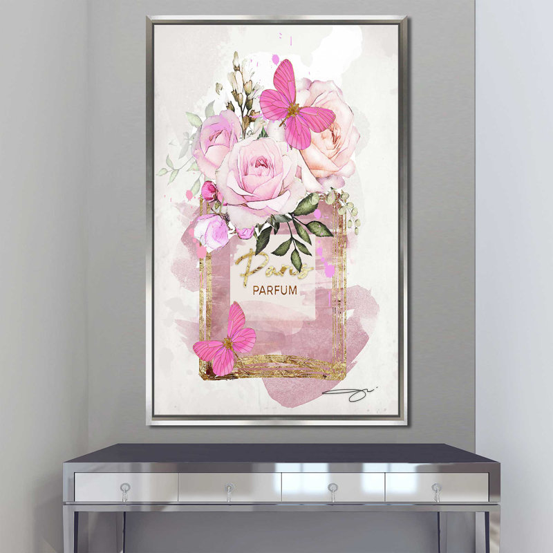 «Parfum Bottle, Flowers & Butterflies (Pink) (Vertical)» par By Jodi - impression, H 43,5 po x l 27,5 po x P 2 po