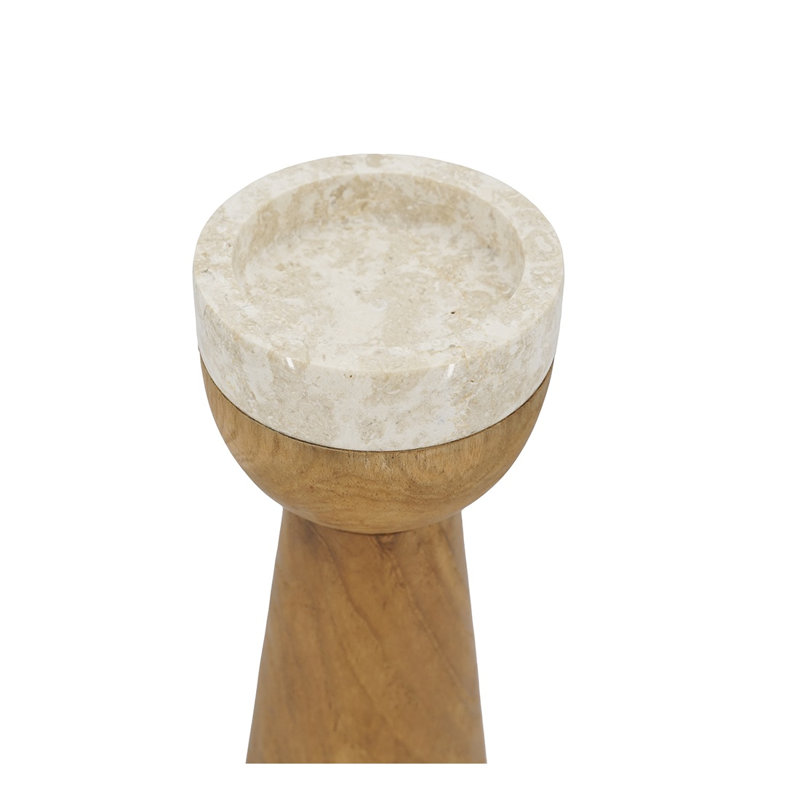 Porte-bougie effilé en bois de teck et marbre, H 13,8 po, brun et crème, 13.8" H x 3.9" W x 3.9" D