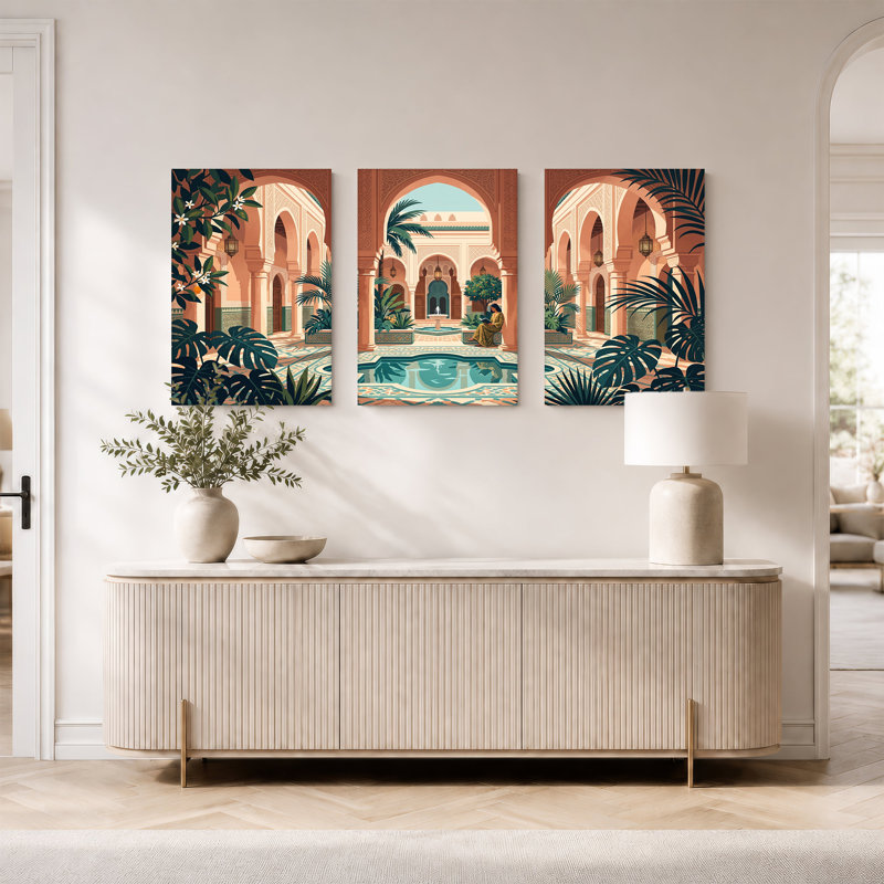 Ensemble de 3 toiles marocaines, cour marocaine avec fontaine et palmiers, 18"H x 12"W x 3pcs