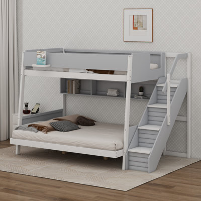 Lit superposé en bois avec escalier de rangement intégré et garde-corps de sécurité sur toute la longueur pour les chambres partagées
