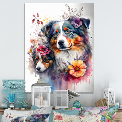 Mignon berger australien, art floral II - décoration murale moderne en métal