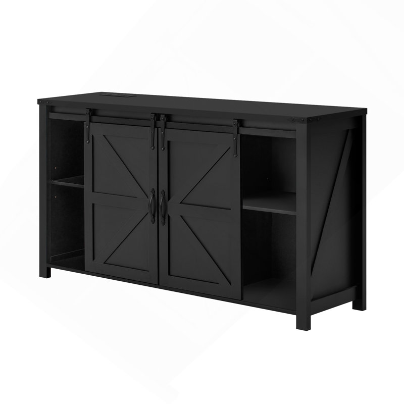 55.1 Inch Farmhouse Storage Cabinet Buffet Table with Sliding Barn Doors, 4 Drawers and Built-in Power Outlet, Black