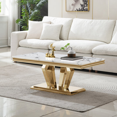 Faux Marble Coffee Table Set of 3, Modern Living Room Table Set Includes 1 Coffee Table and 2 End Side Tables for Living Room, White Faux Marble Top w by Everly Quinn