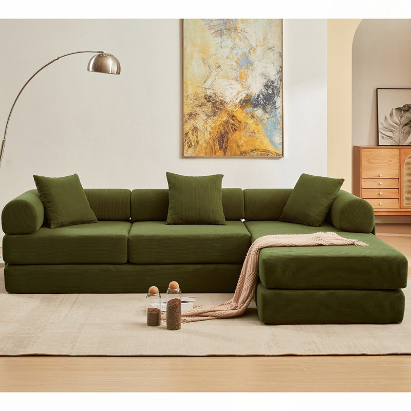 Modular Corduroy 3-Seat Sofa L Shaped Couch With Foldable Doublelayered Seat Cushion For Apartment-Compression Sofa In Box