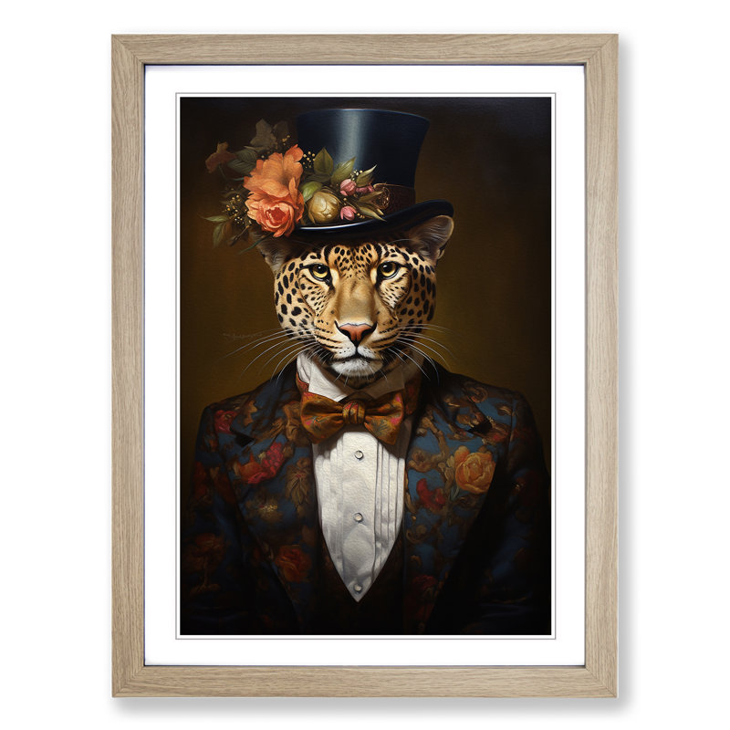 Leopard Victorian - Single Picture Frame Print on Wood, 46cm H x 34cm W x 2cm D, Oak