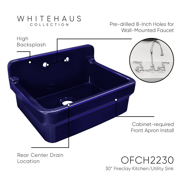 Fireclay 30" x 22" Drop-in Sink with 2 Faucet Holes on Backsplash, Sapphire Blue
