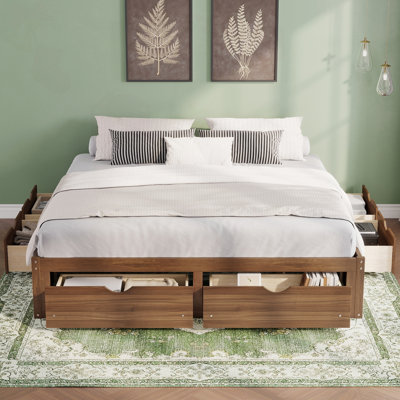 King Platform Bed with 6 Storage Drawers, Solid Pine Wood