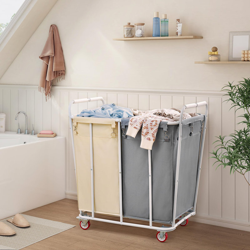 Large Rolling Laundry Hamper with Wheels, Gray/Beige