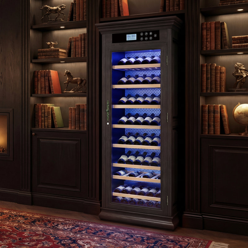 Freestanding Wine Cabinet, Stylish Wine Cooler With UV-Resistant Glass Door, LED Light & Storage Rack, Coffee