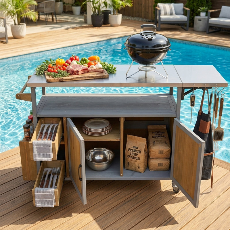 Chariot de cuisine pour l'extérieur 54,33 "avec plateau en acier inoxydable, roulettes verrouillables, tablettes réglables et rangement multifonctionnel