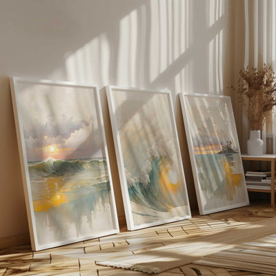 Golden Waves at Sunset, ensemble de 3 impressions dans un cadre