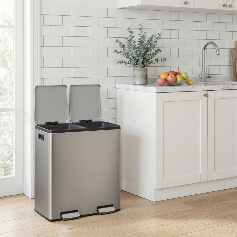 59.1×36.5×62.7cm Stainless Steel Step On Multi-Compartment Rubbish & Recycling Bin - 60L, Silver