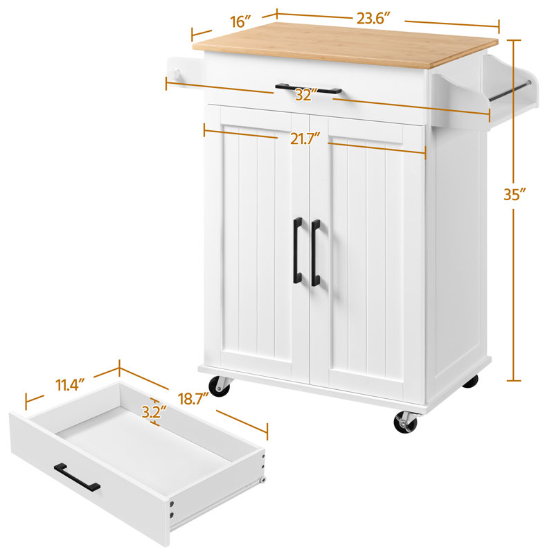 Kissinger 36″ H Rolling Kitchen Island with Solid Wood Top, Spice Rack Storage & Towel Rack, White