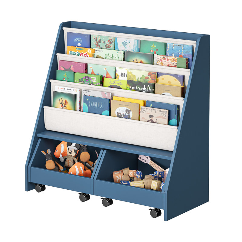 Kids Standard Bookcase Storage Shelving Unit With Wheels, Lake Green