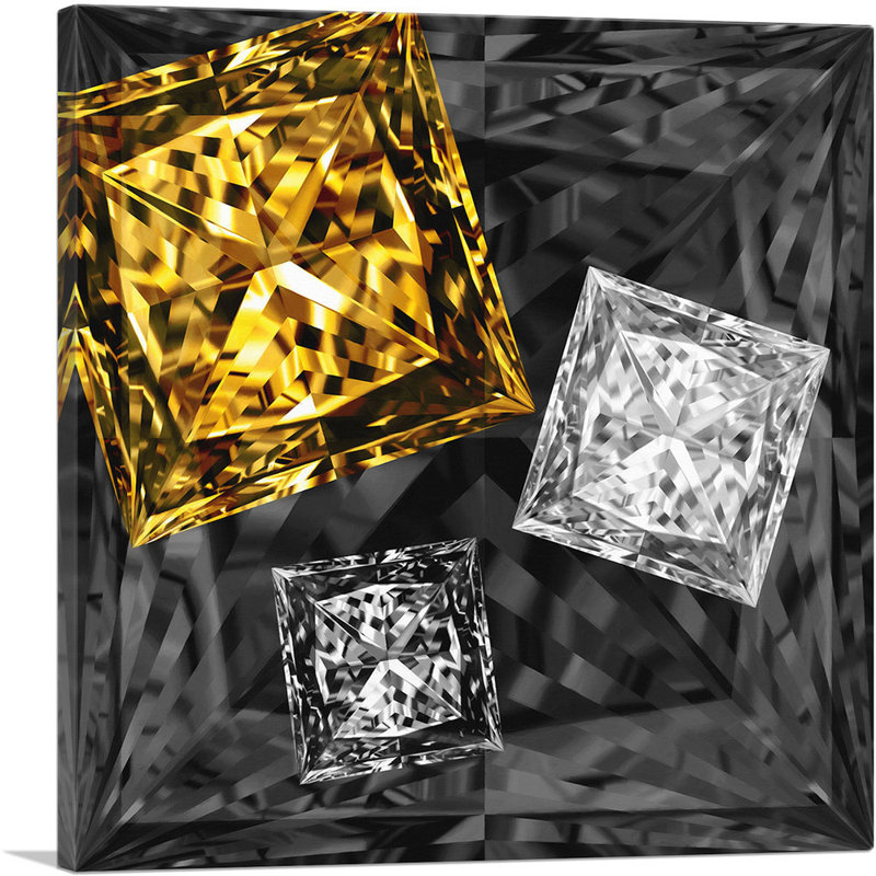 Noir, jaune, blanc, princesse, diamant taillé, impression sur toile tendue, H 18 po x l 18 po x P 0,75 po